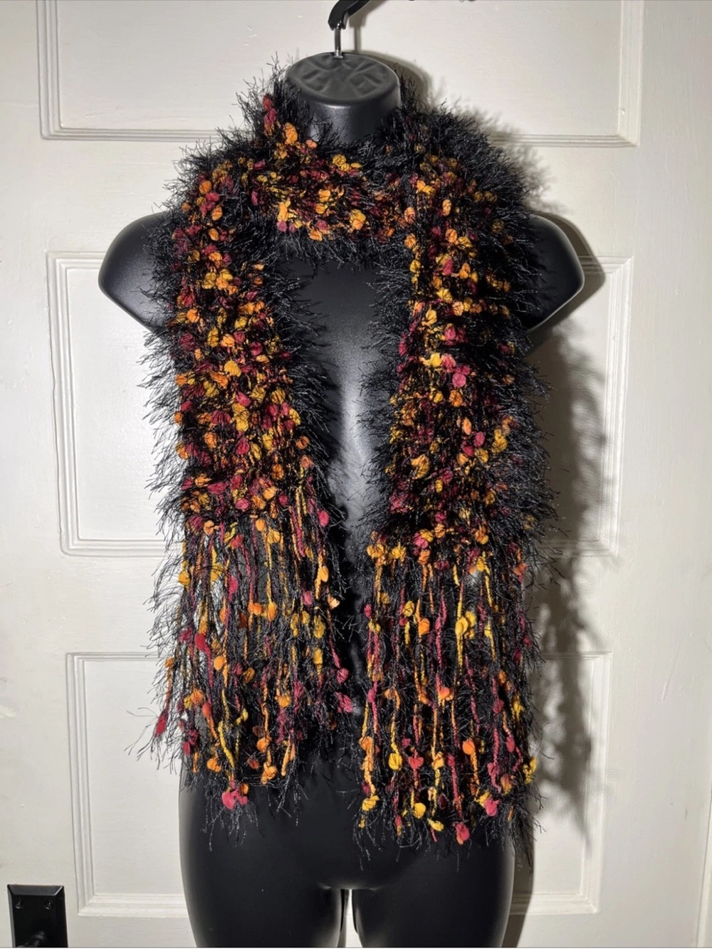 Handmade Yarn Scarf Eyelash/Pom Pom Black Mustard Maroon Fringes